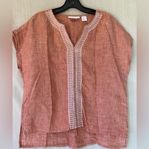 House of Harlow Embroidered Linen Top Small Boho split neck Terra-cotta & cream